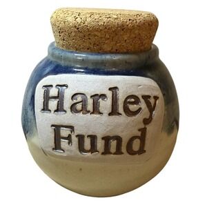 Harley Fund‎ Savings Jar Tumbleweed Pottery Ceramic Blue Crackle Glaze NC